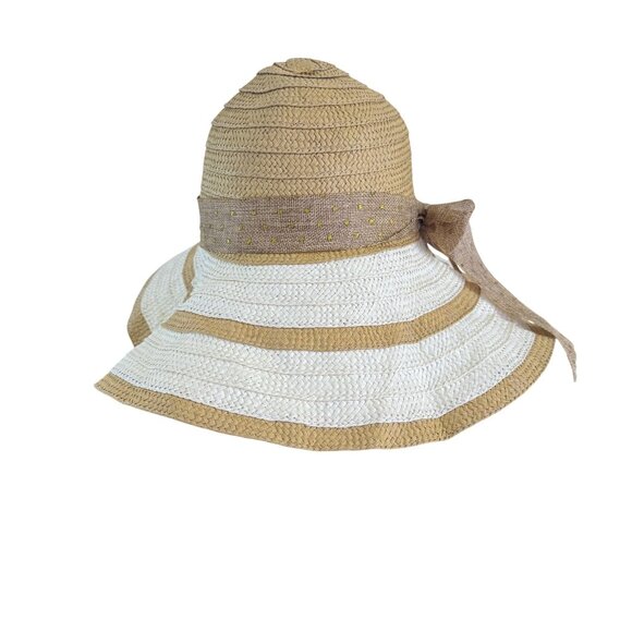 Womens Unbranded White and Tan Stripes Tie Ribbon Synthetic Wide Bucket Hat - Picture 4 of 7